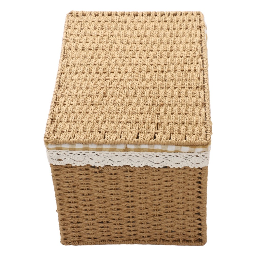 4 Pieces Light Brown Rustic Rectangular Woven Baskets With Handles Lace Lid