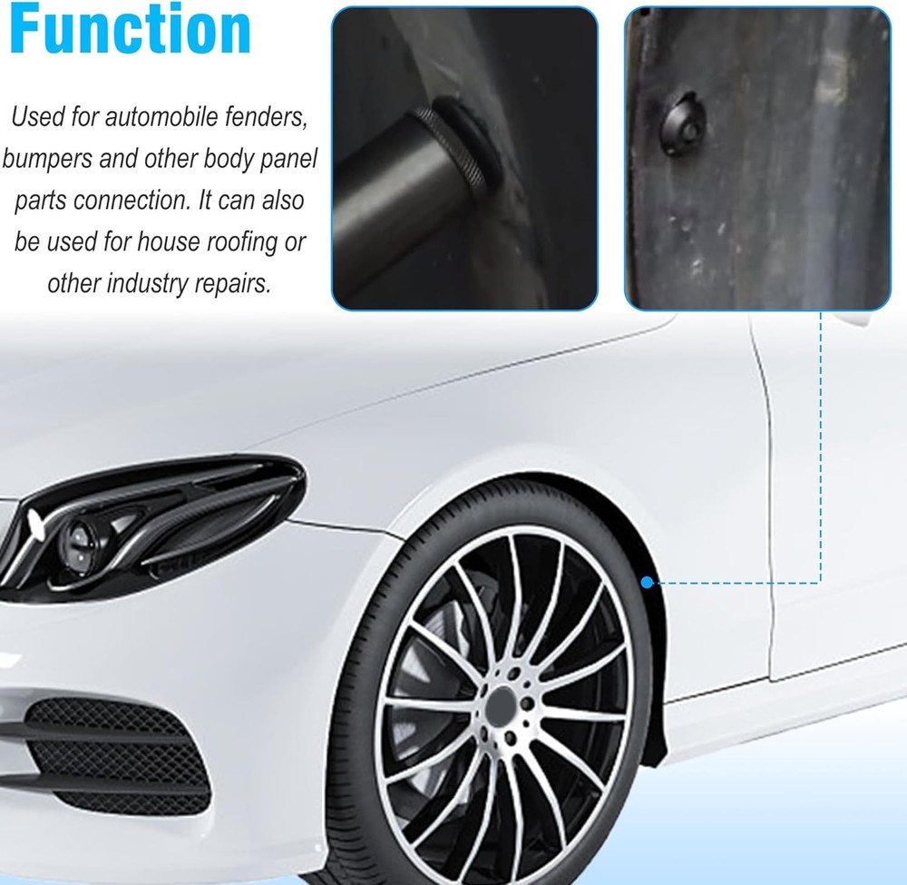 The rivet gun set includes 30 nylon blind rivets in three sizes.