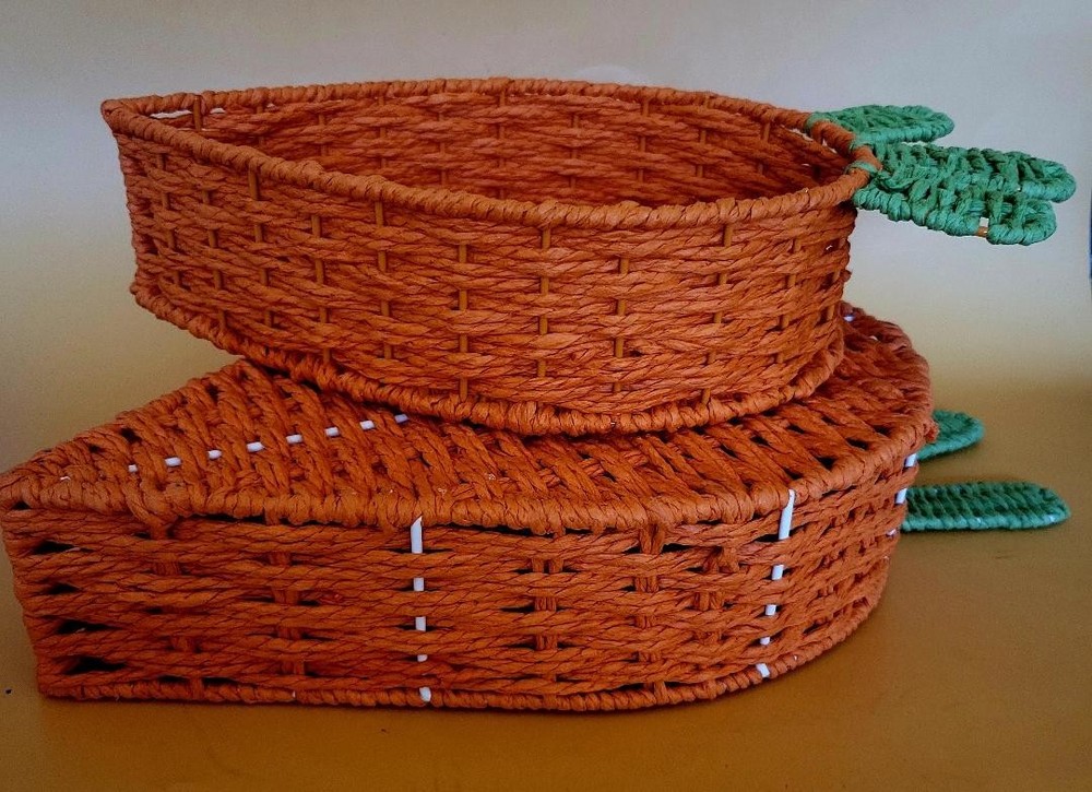 2 Nesting Wicker Baskets Shaped Like Carrots w Green Stems