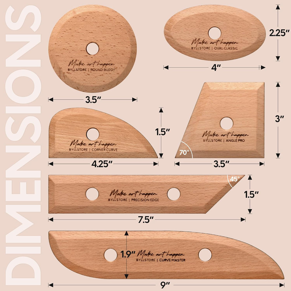 Essential Pottery Ribs Clay Shaping Smoothing Tools Solid Beech Wood 6-Pack