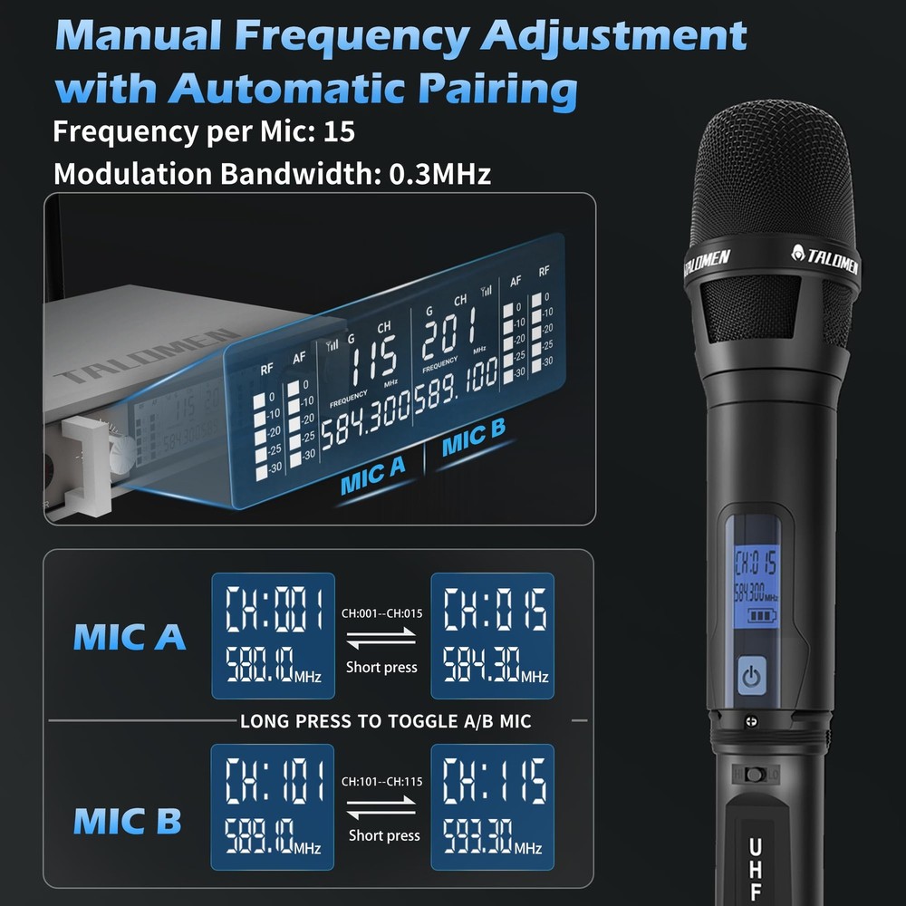 Wireless Microphone System, Metal UHF Handheld Microphones Cordless Dynamic M...