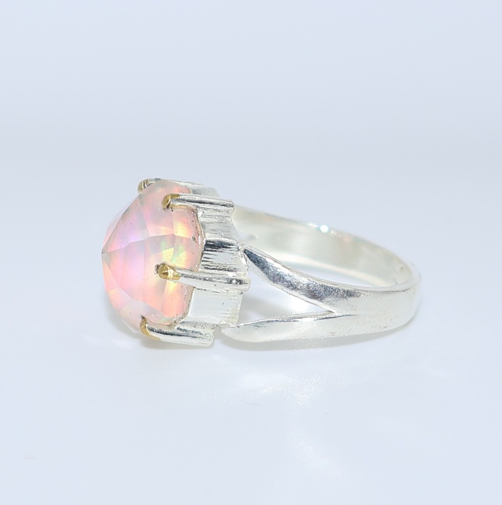 Aurora Opal Stone Ring, 925 sterling silver Ring, Round Shape stone Ring