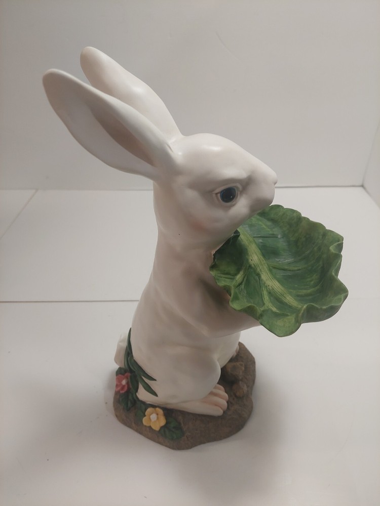 Bunny Rabbit Statue Candy Bowl Server Figure 12" White Resin White Cabbage Leaf