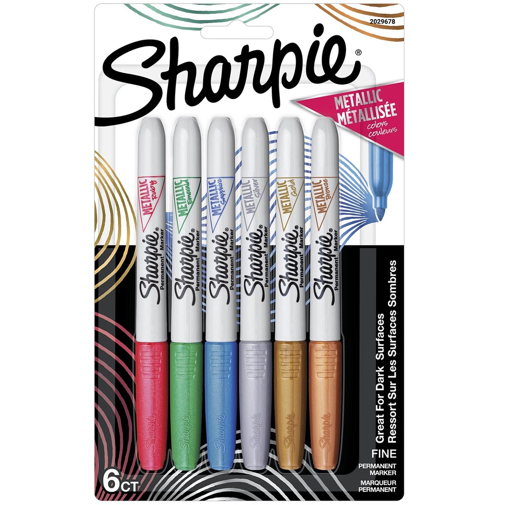 Sharpie Metallics Permanent Markers, Fine Tip, Assorted Colors, 6 Pack