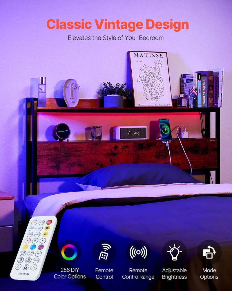 Adjustable Full Size Headboard w/Storage Shelves, USB Charging & LED Light