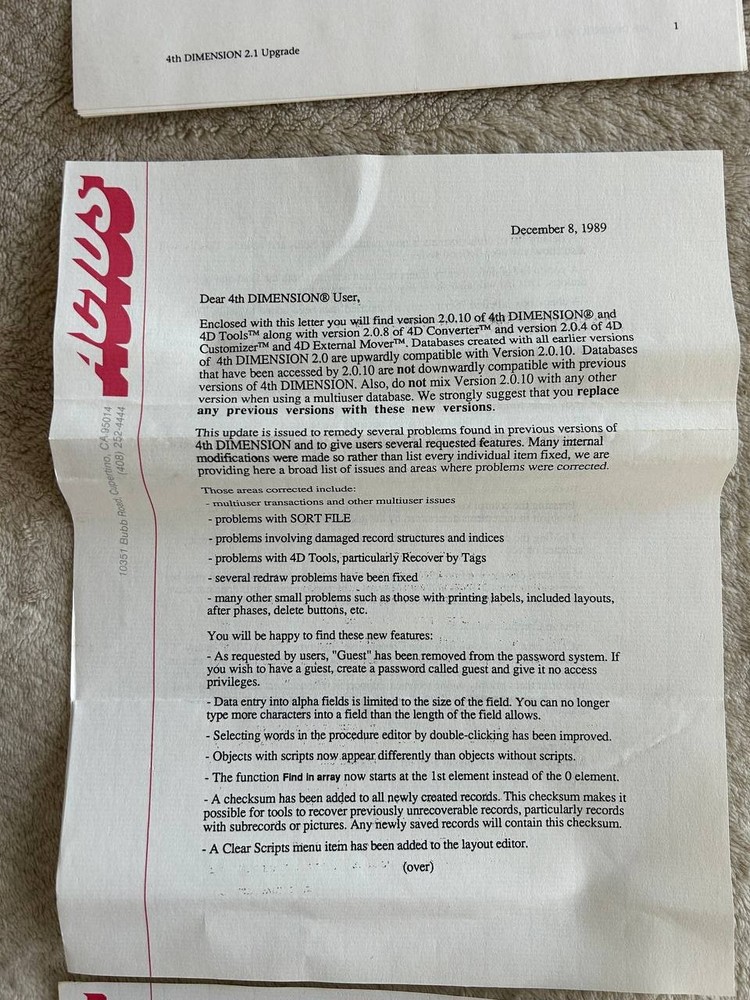 4th Dimension Apple Macintosh software. ACIUS Relational Database For Macintosh