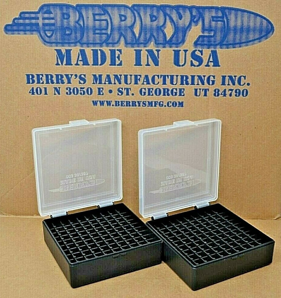 38 / 357 BERRY AMMO BOXES 100 ROUND STORAGE & RELOADING (2-Pack CLEAR / BLACK)