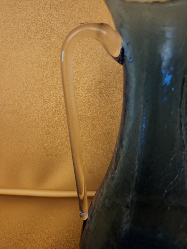 Hand Blown Blue Crackle Pitcher/Ewer Applied Clear Glass Handle