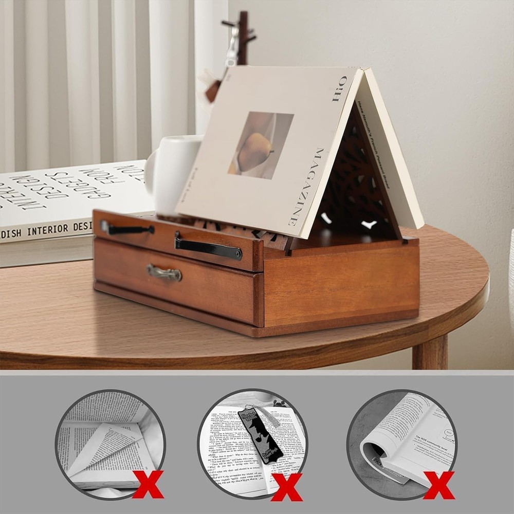 Adjustable Wooden Book Stand with Storage - Multi-Function Hands Free Brown