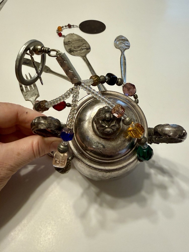 VTG Handmade Signed Silver Sugar Bowl Beaded Silverware Windchimes Boho Antique
