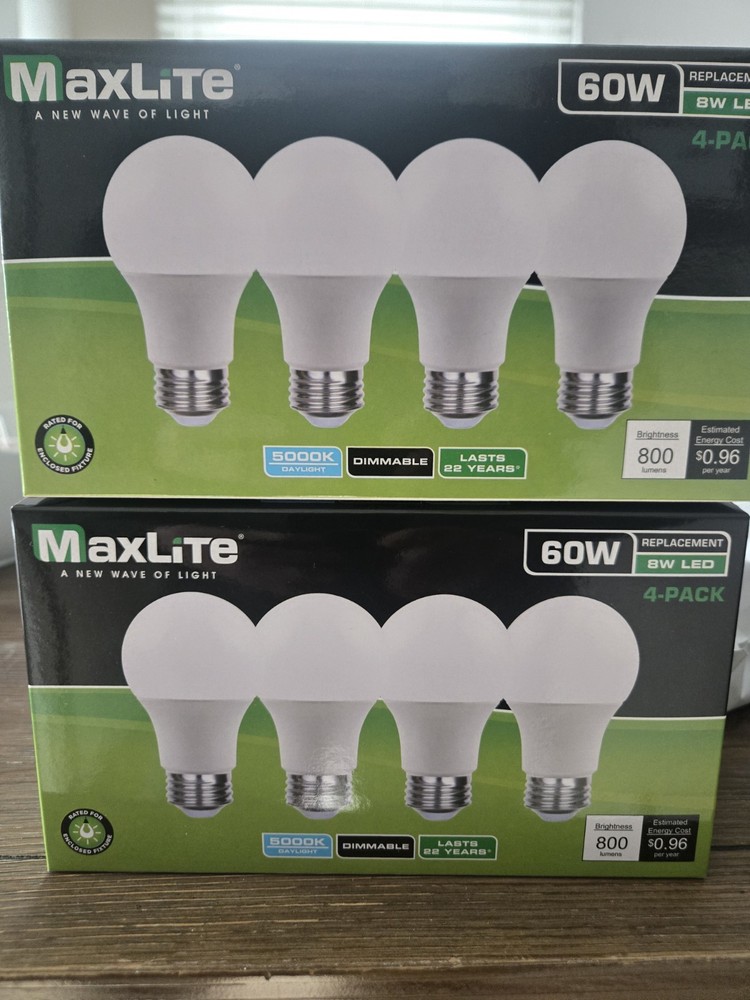 2x4 Pack Maxlite 8W LED Bulb = 60 watt replace A19 Daylight 5000K LED Light 60w