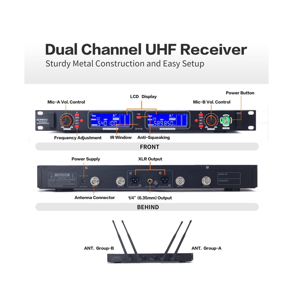 Profession Wireless Microphone System, UHF Handheld Dual Cordless Mic True Di...