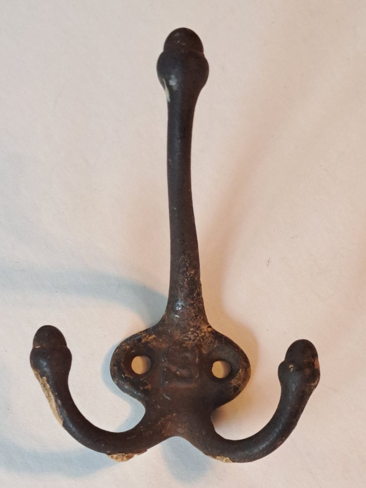 Antique Primitive Triple Hook Coat Hanger Acorn Tips Rustic Iron