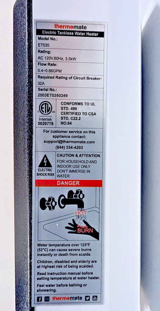 Tankless Water Heater Electric, Thermomate 3500W 120V ET035, New, open box