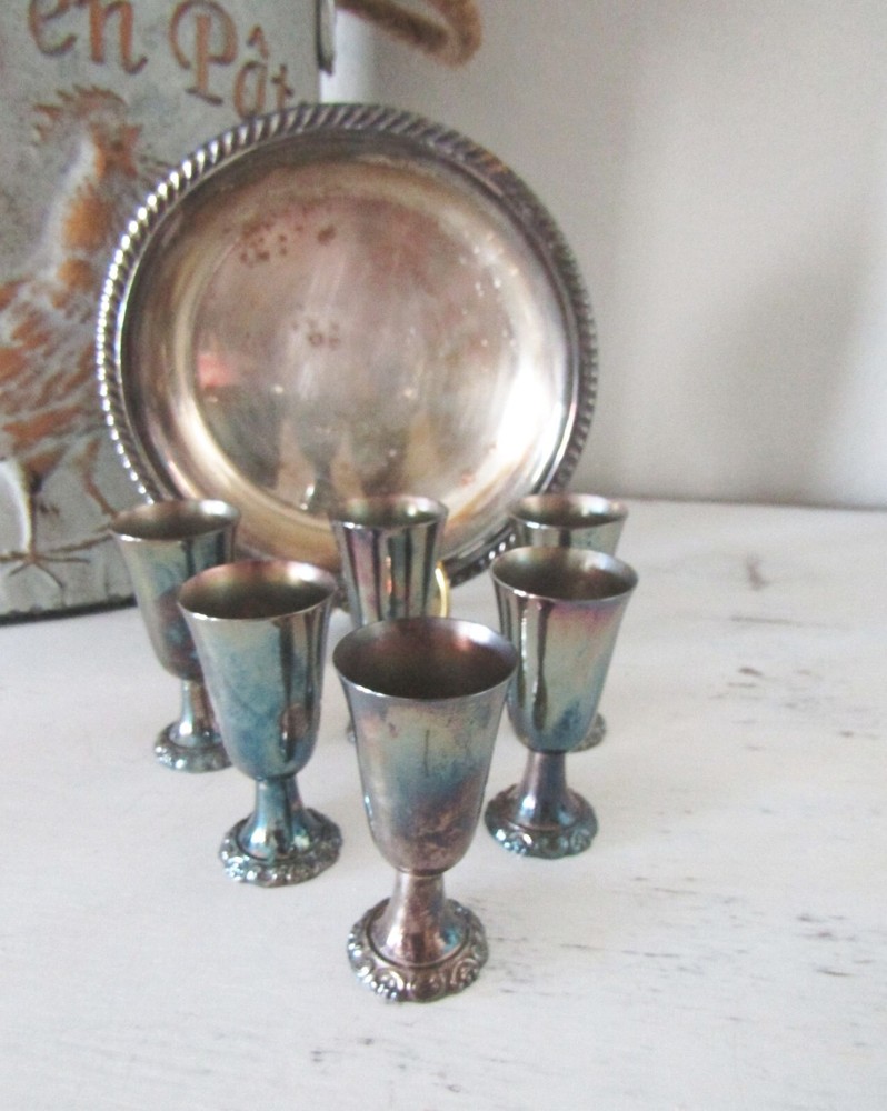Vtg Wallace Silver Plate 6 Cordials With Tray Wine Goblets Baroque Pattern
