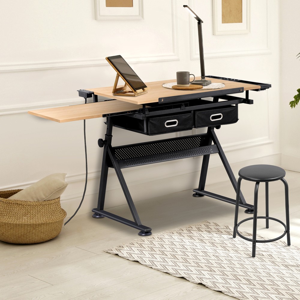 Adjustable Drafting Drawing Tiltable Table & Stool w/ 2 Drawers & Outlet Natural
