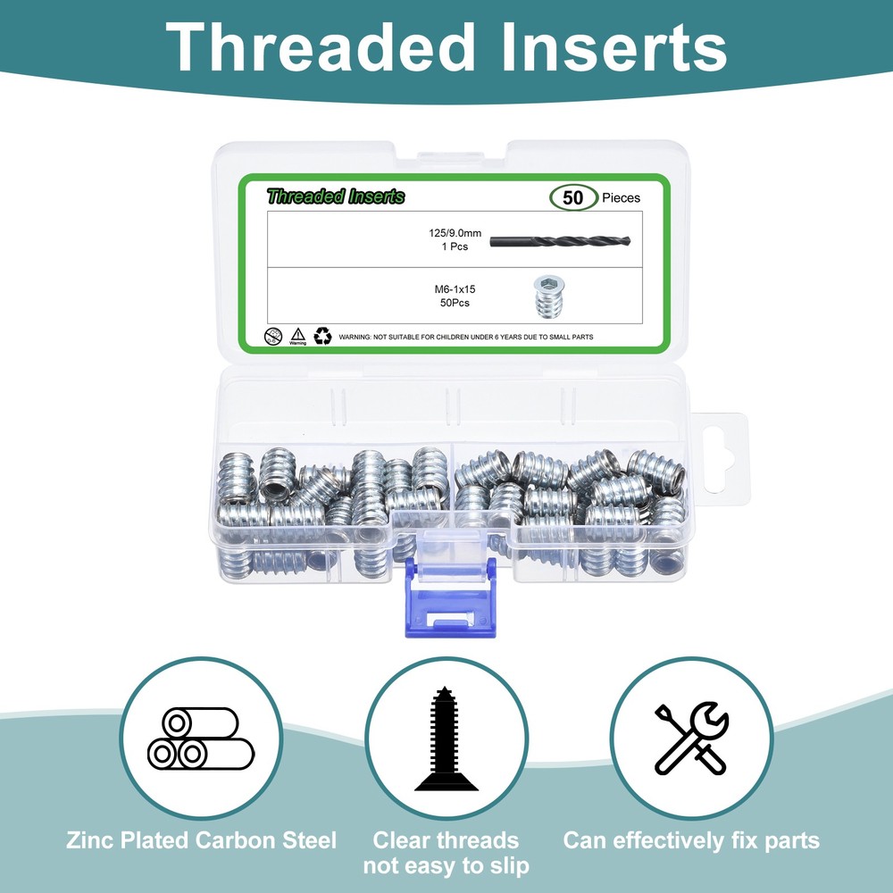 50Pcs Threaded Inserts, M6-1x15 Headless Hex Socket Drive Nut Inserts