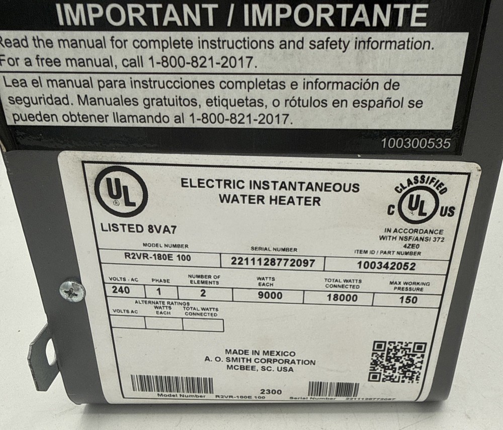 AO SMITH R2VR-180E 240V 18KW TANKLESS WATER HEATER New Open Box ￼