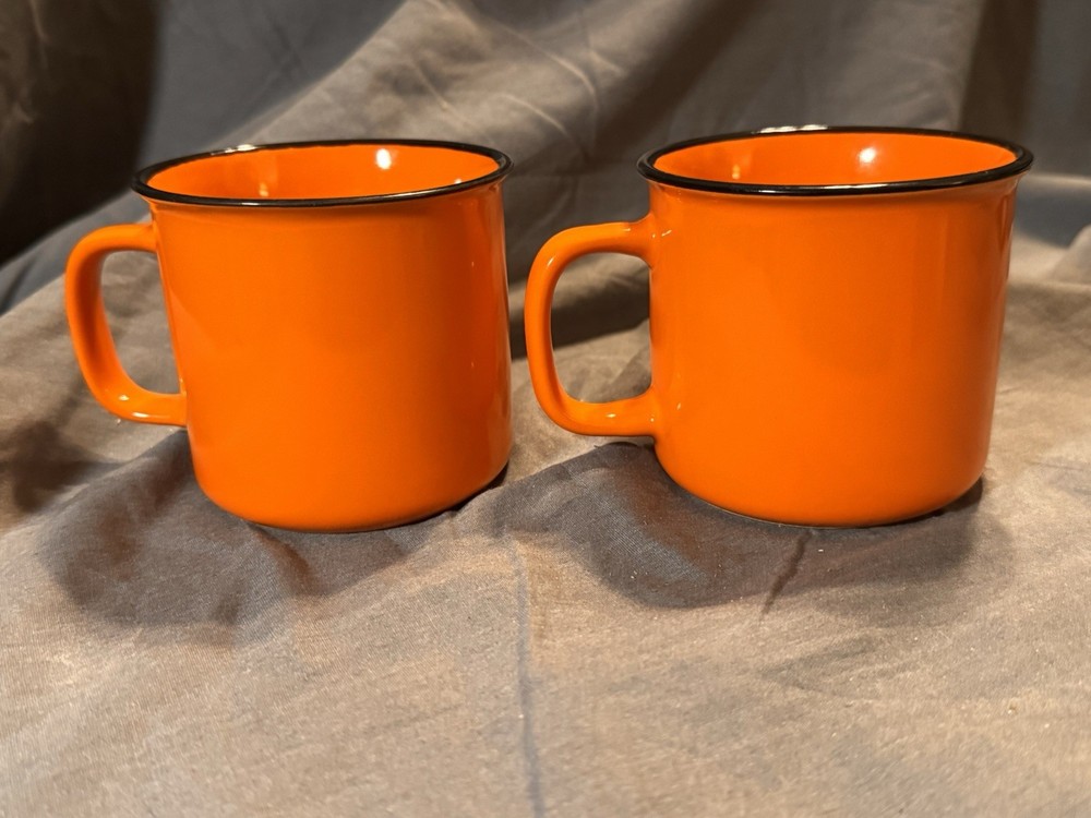 Bulleit Frontier Whiskey Orange Campfire Mugs Set 2 Black Rim Ceramic