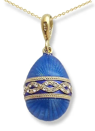 Egg Pendant, Light Blue Enamel, Pattern Design, CZ Crystals + Gold Plated