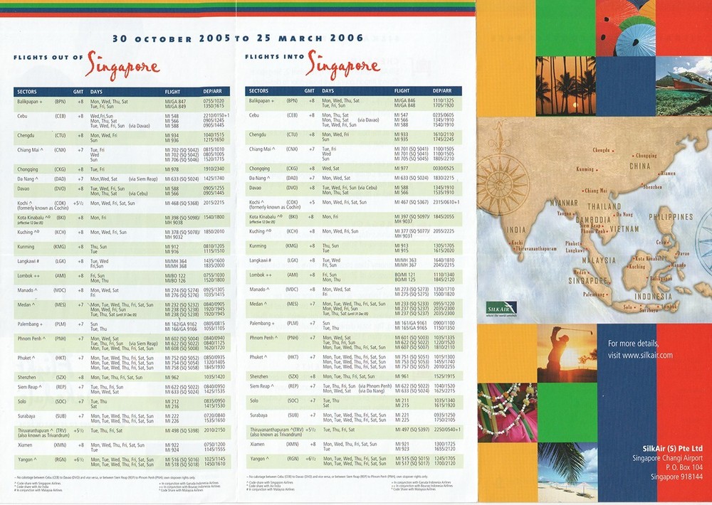 SilkAir timetable 2005/10/30