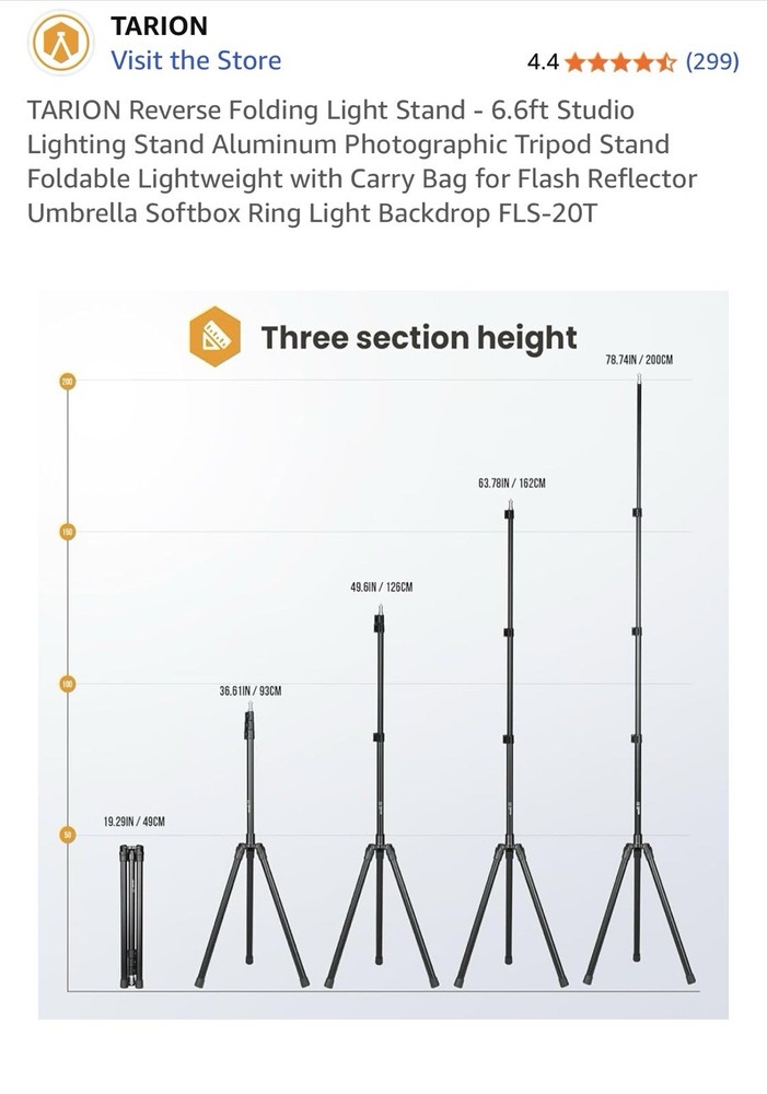 Tarion Reverse Folding Light Stand. 6.6 Ft Studio Light Stand