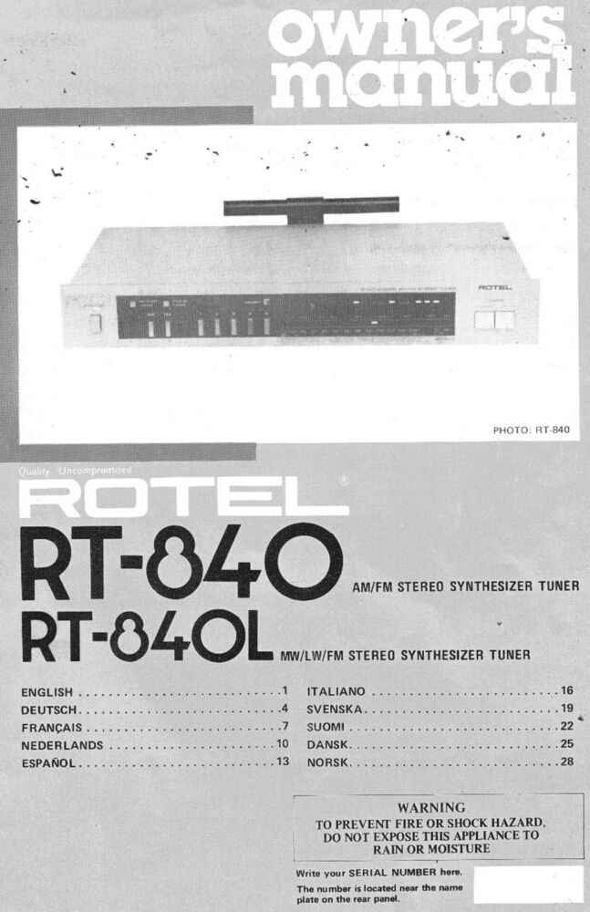 Rotel RT-840 Tuner Owners Manual