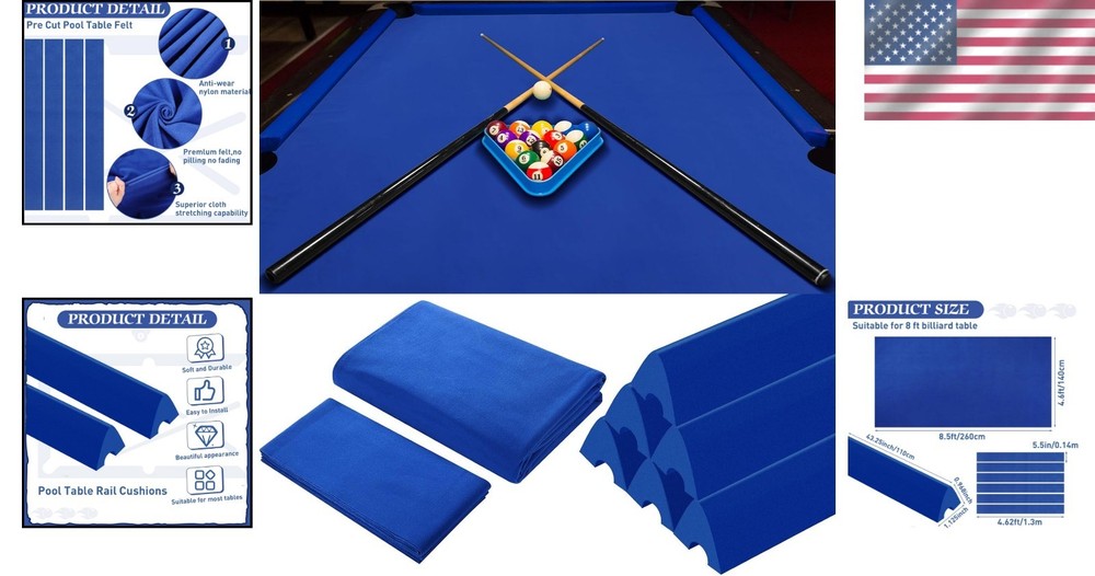All-in-One Blue Billiard Cloth Replacement Kit for 8 ft Pool Tables - Fast Setup
