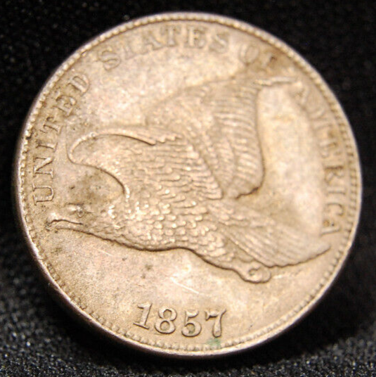 1857 FLYING EAGLE PENNY WITH AU+ DETAILS.