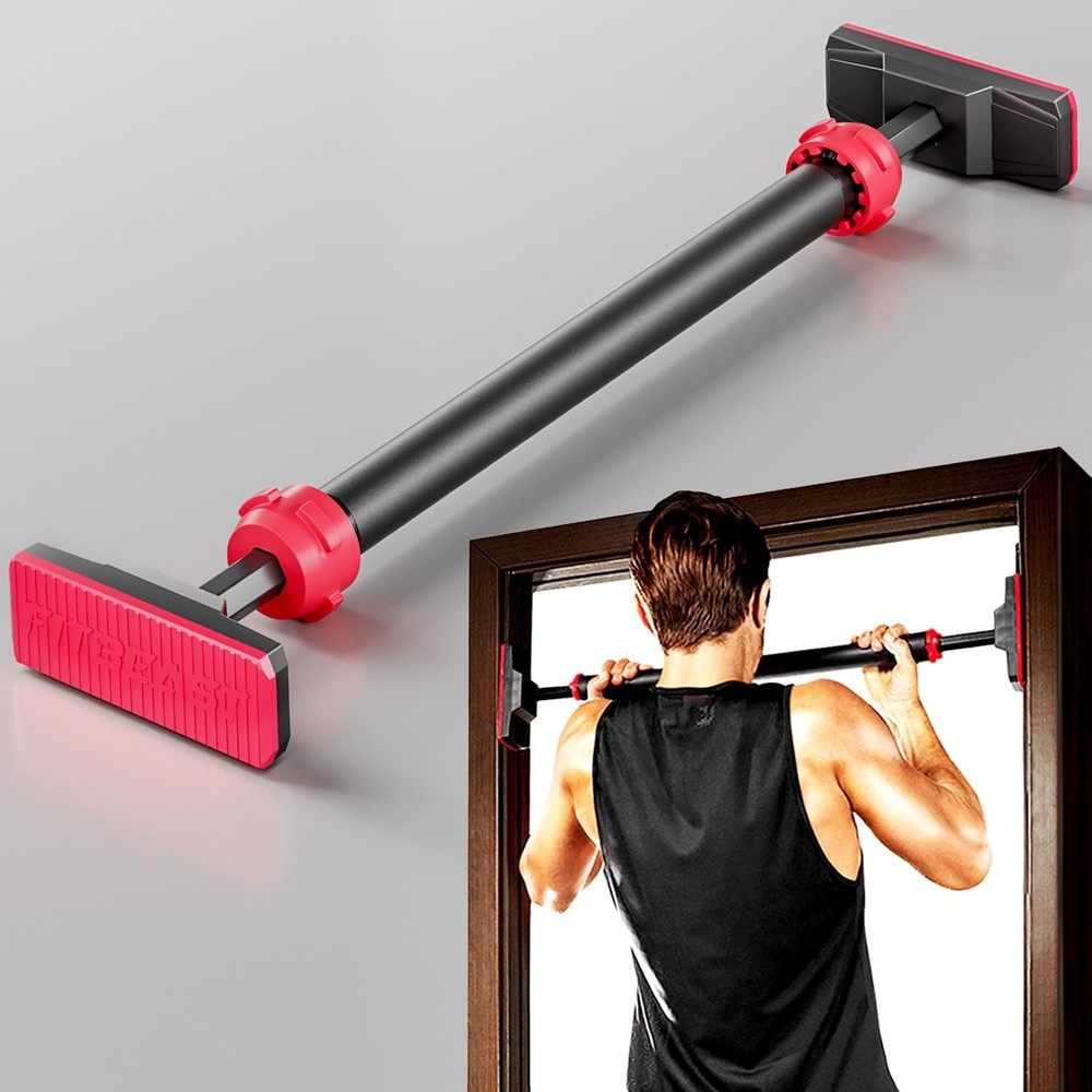 FitBeast Pull Up Bar for Doorway, Strength Training Pullup Black & Red
