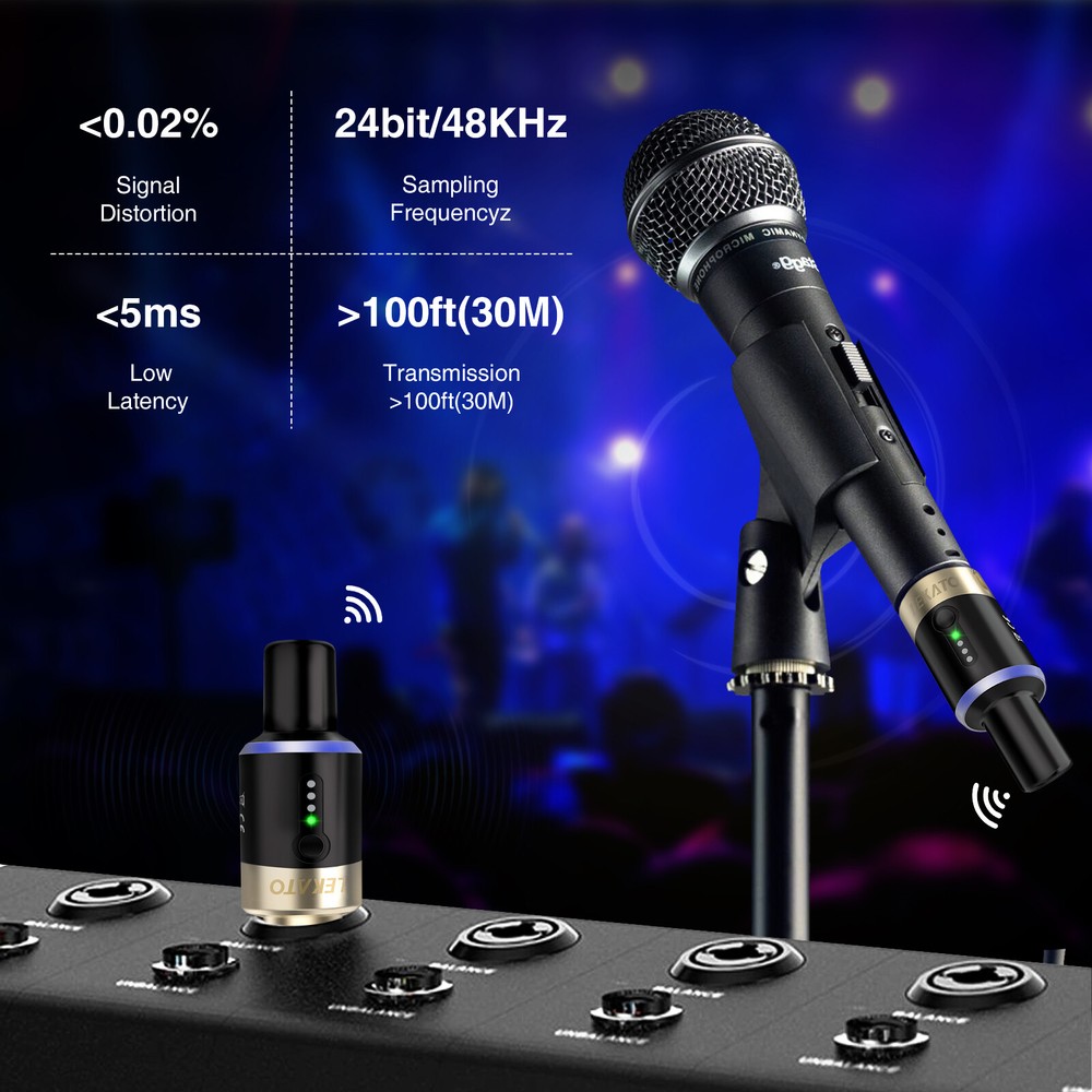LEKATO Dynamic XLR Transmitter Receiver Wireless Mic System for Stage, 4 Channel