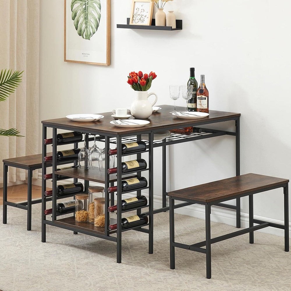 Dining Table Set for 4 ,Modern Kitchen Table with 2 Benches & torage Shelf Home