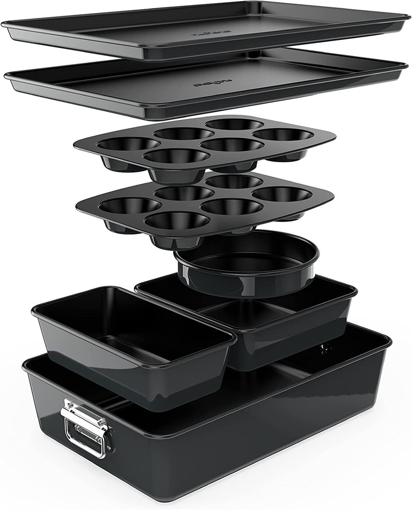 Nutrichef NCBKSTK3 8Pc Stackable Carbon Steel Bakeware-Blac