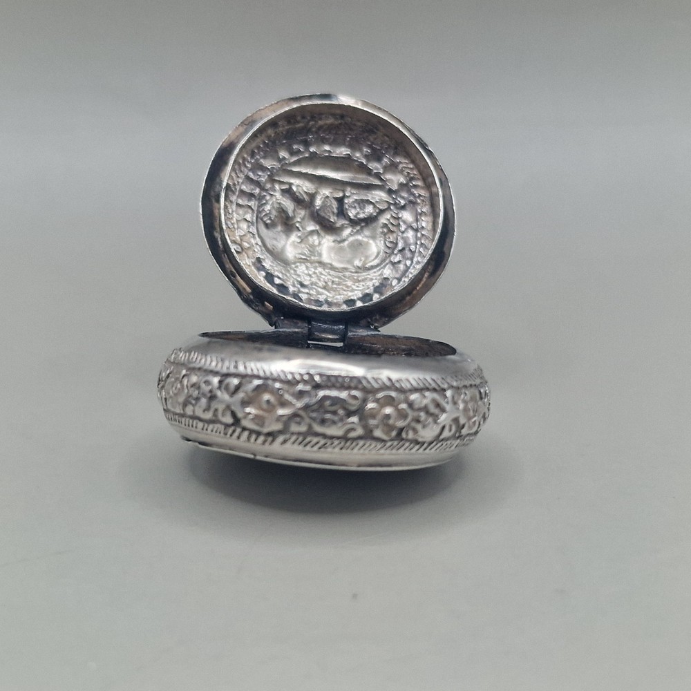 Antique Silver Hinged Pill Box with Repoussé Elephant Motif