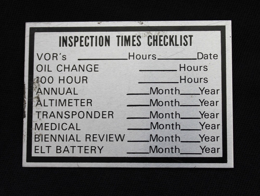 Inspection Times Checklist Placard