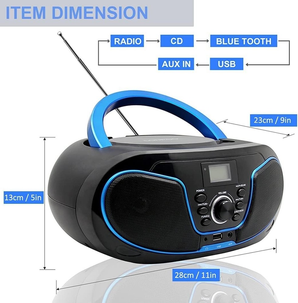 Compact CD Player Boombox with Bluetooth, AUX & Headphone Jack - Modern Design