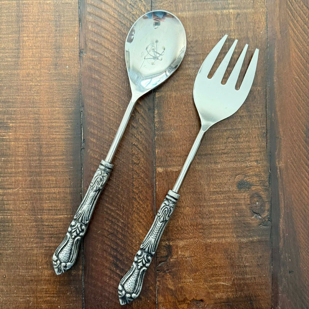 Salad Server Set Spoon and Fork Decorative Handles Victorian Gothic Revival