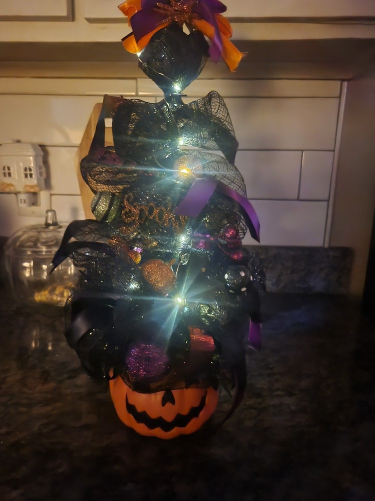 Jack O Lantern Halloween Tree Led Light Black Orange Deco Mesh