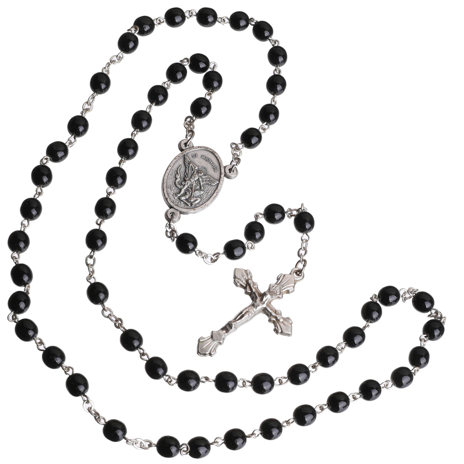 St Michael Black Round Catholic Rosary Beads Glass Women Men 6mm Italy 18" Long