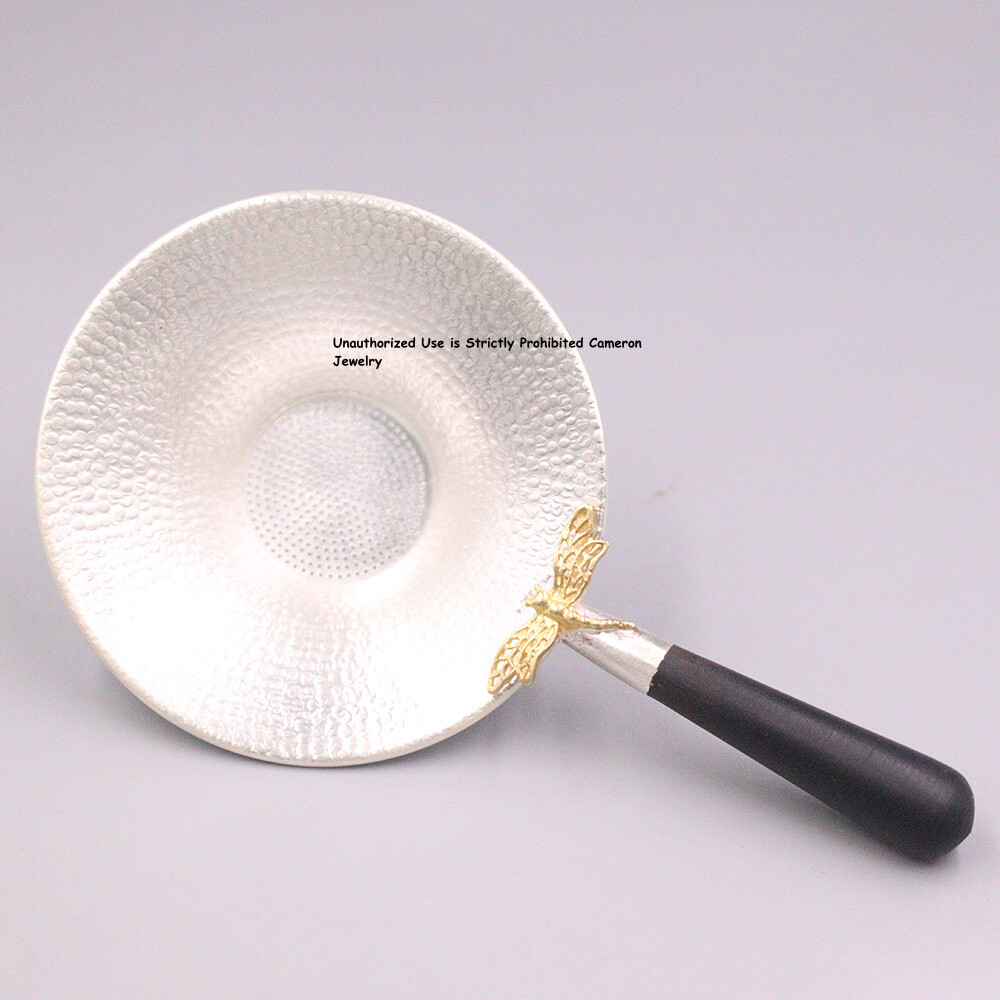 Solid S999 Fine Silver Tea Infuser Carved Dragonfly Mesh Tea Strainer 4.7inch