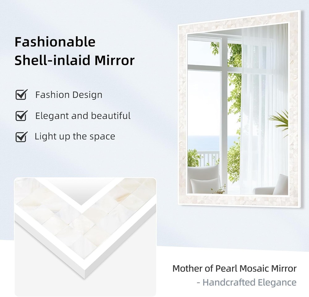 Tanmicoshomy White Shell Framed Rectangular Wall Mirror