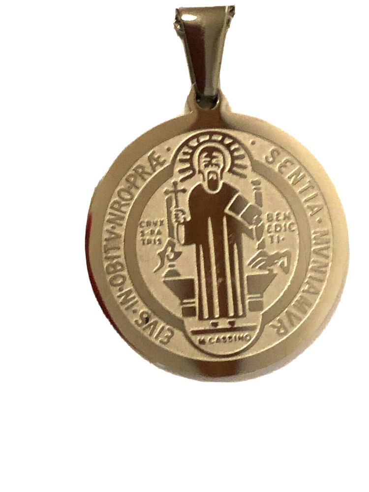 Saint Benedict Laser Engraved Image Silver Pendant, New