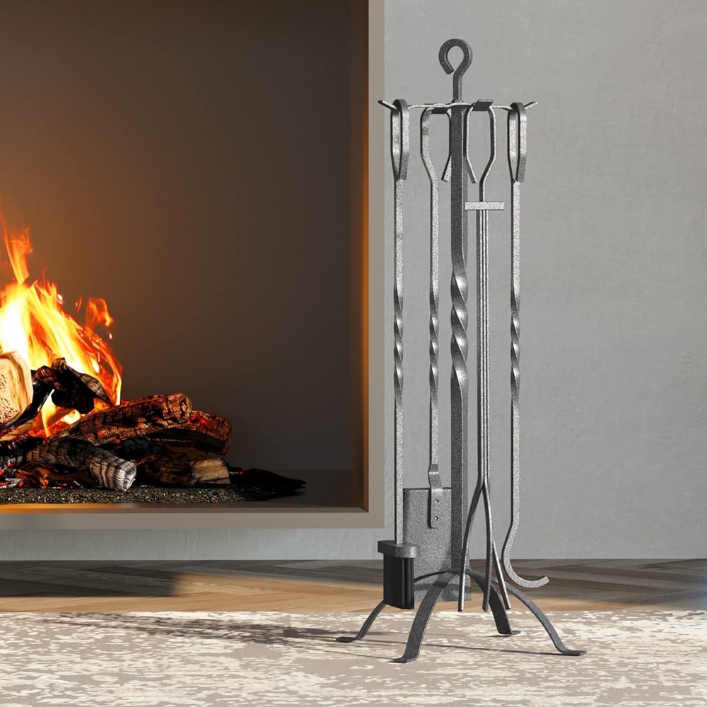 5-Piece Fireplace Accessory Kit in Pewter with Heavy-Duty Firepit Tools