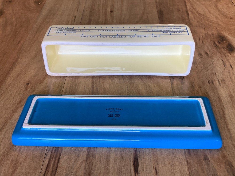 READ Fishs Eddy + West Elm Ceramic Butter Stick Dish 8.5" - Tiny Chip