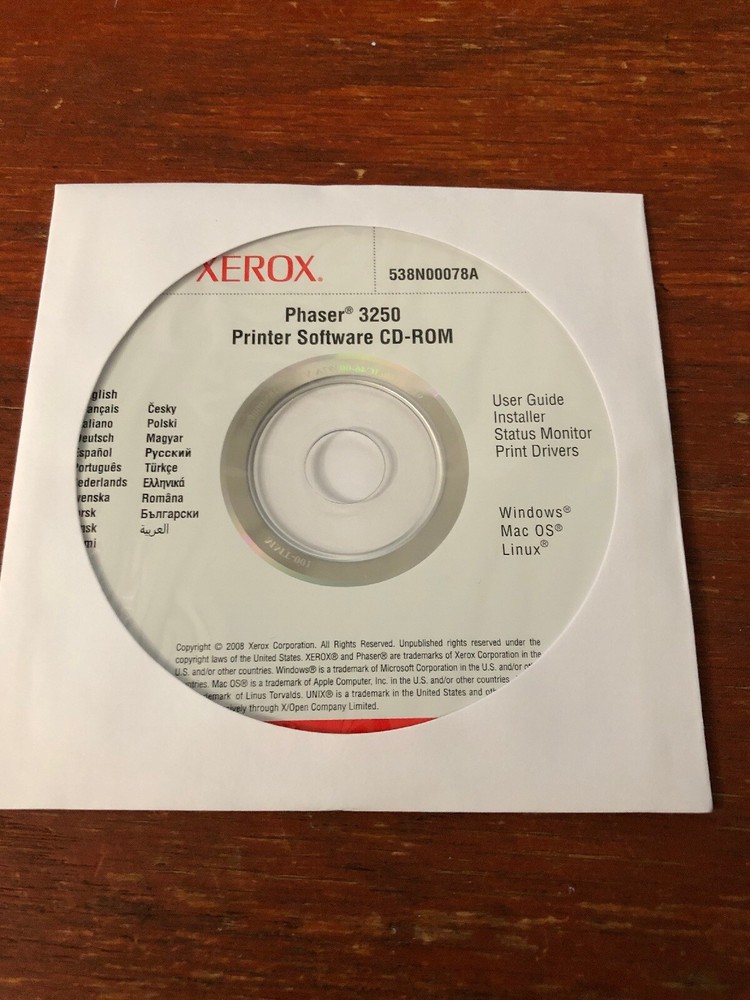 Xerox Phaser 3250 Printer Software CD 538N00078A