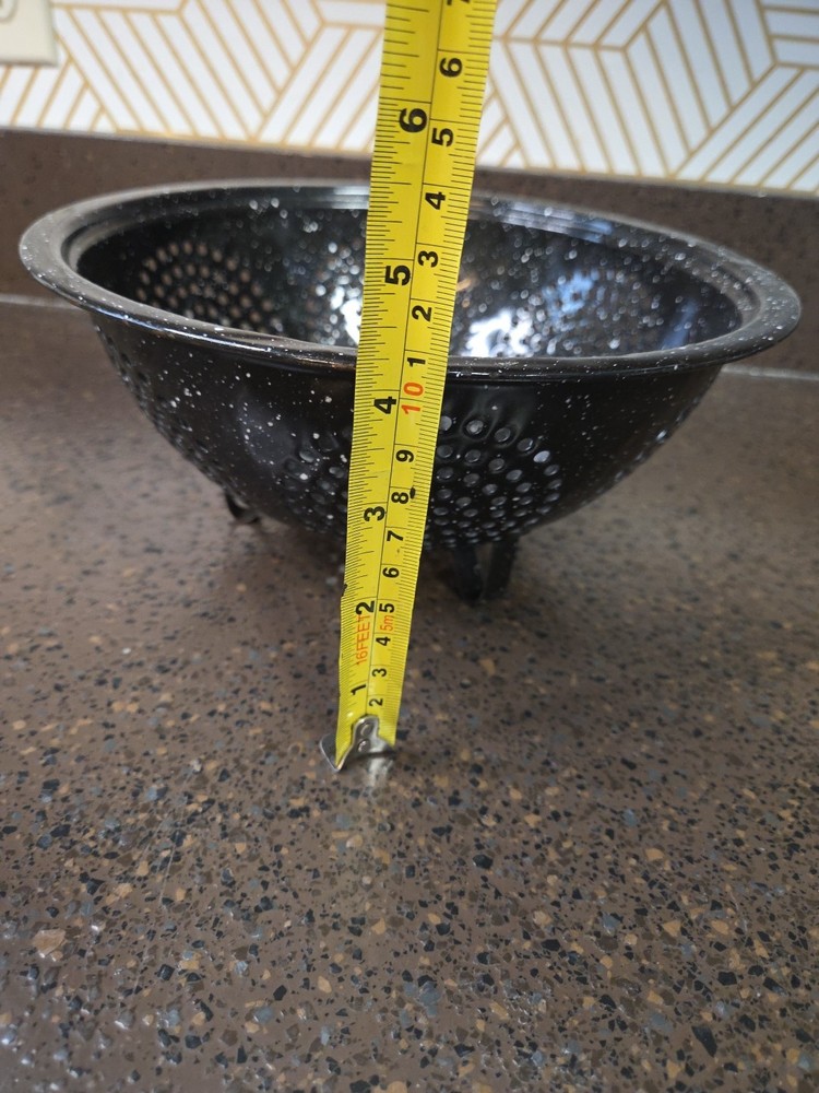 Vintage Enamelware Footed Colander Strainer Black White Speckled Primitive 9.5”