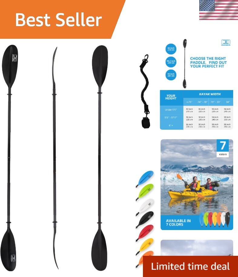 User-Friendly 95in Kayak Paddle with Grip, Leash & 3 Angle Settings - Unisex Use