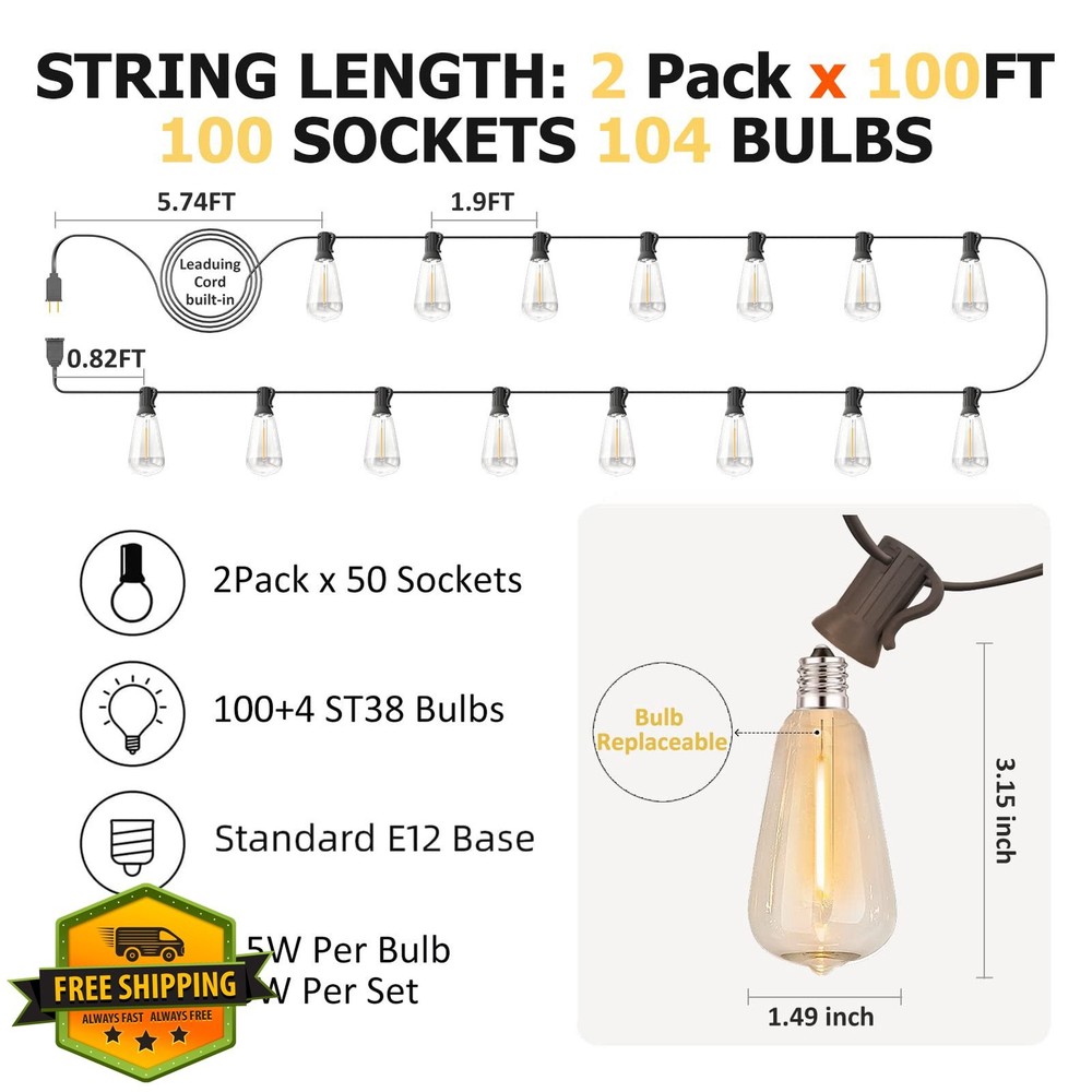 200FT LED Edison String Lights, Patio, 2200K, 104 Bulbs