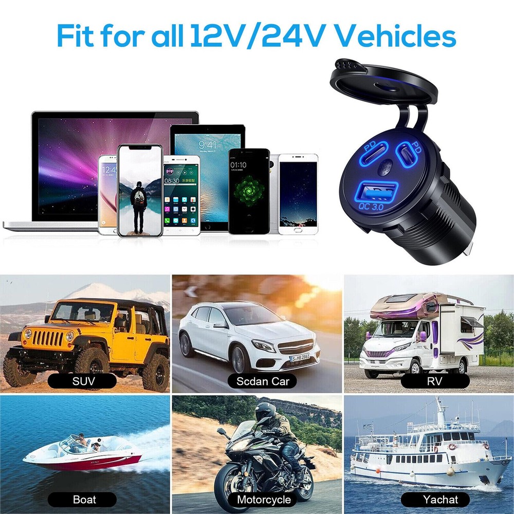 1Pcs Dual PD+QC 3.0 USB Port Car Cigarette Lighter Socket Plug LED Indicator