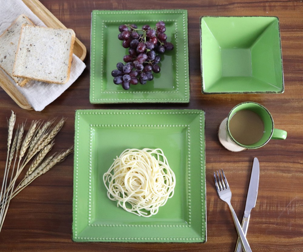 16 Pcs Square Beaded Stoneware Dinnerware set - Green, 16 Piece, Square Beaded